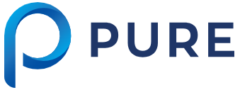 PURE logo with a stylized blue letter 'P' next to the name in bold blue letters.