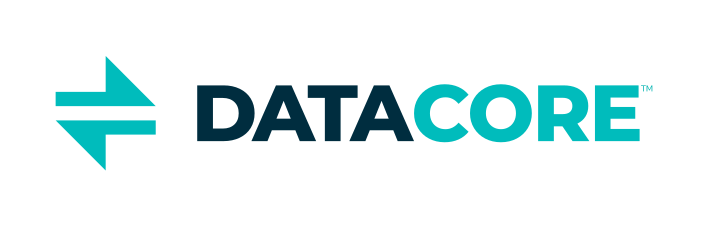 Logo for DataCore with a stylized arrow symbol and bold text.