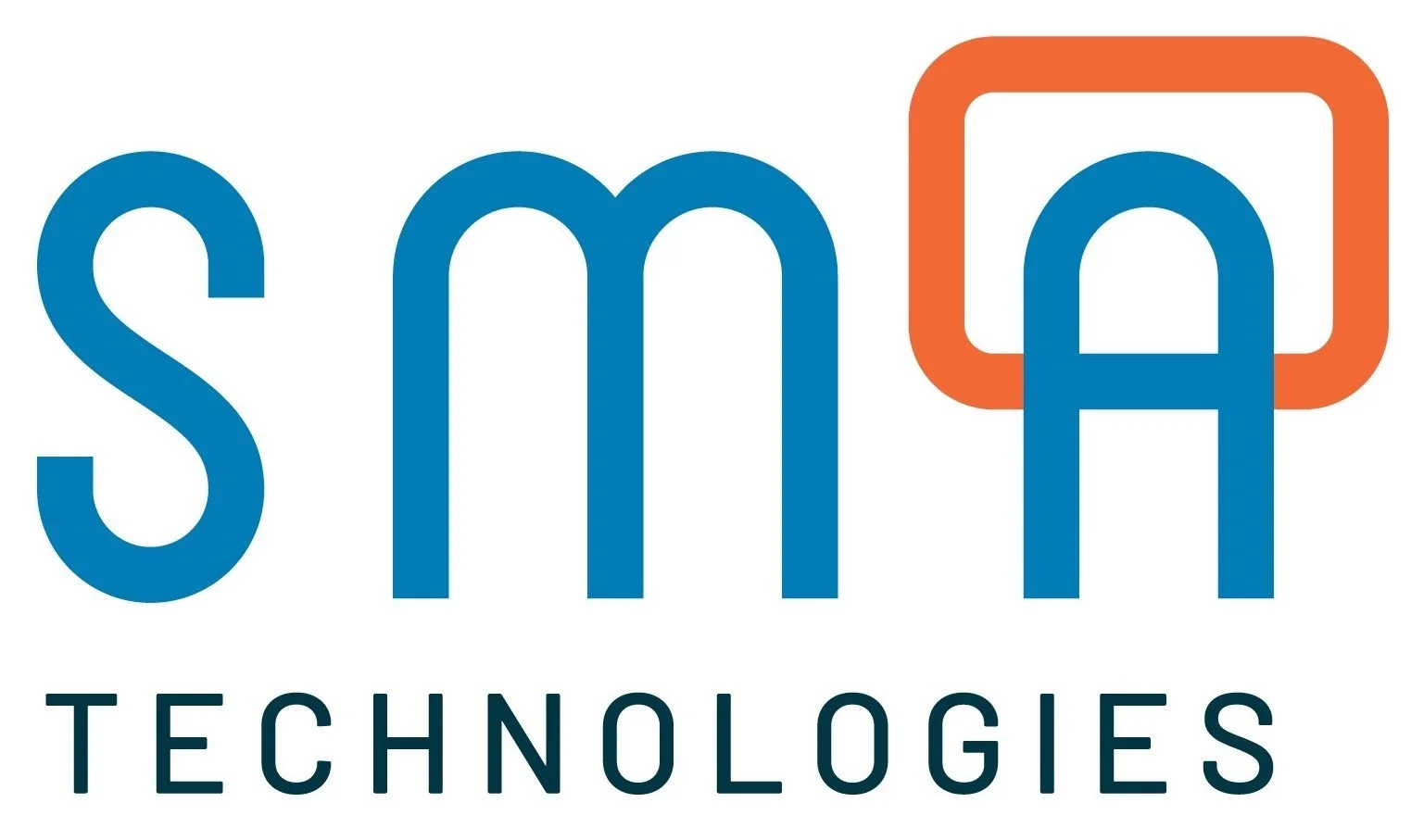 Logo for SMA Technologies with stylized text 'SMA' and a graphic of a blue arch inside an orange square, and the word 'TECHNOLOGIES' below.
