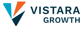 Vistara Growth logo with stylized V in blue, orange, and teal colors