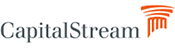 CapitalStream logo with text and an orange abstract design element.