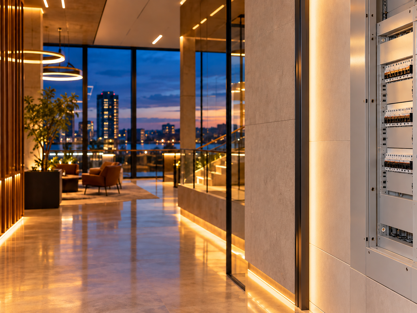 Modern commercial building interior with architectural lighting, large windows, and an electrical panel mounted on the wall.
