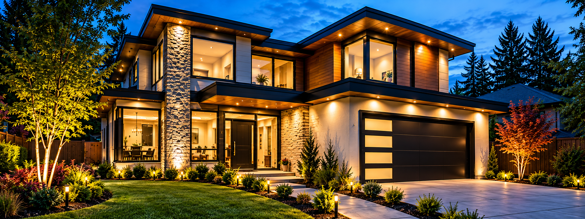 Modern two-story home illuminated by exterior architectural and landscape lighting at dusk.