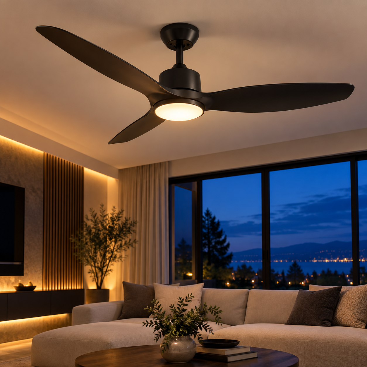 Modern residential living room featuring a ceiling fan with integrated lighting and recessed ceiling lights.