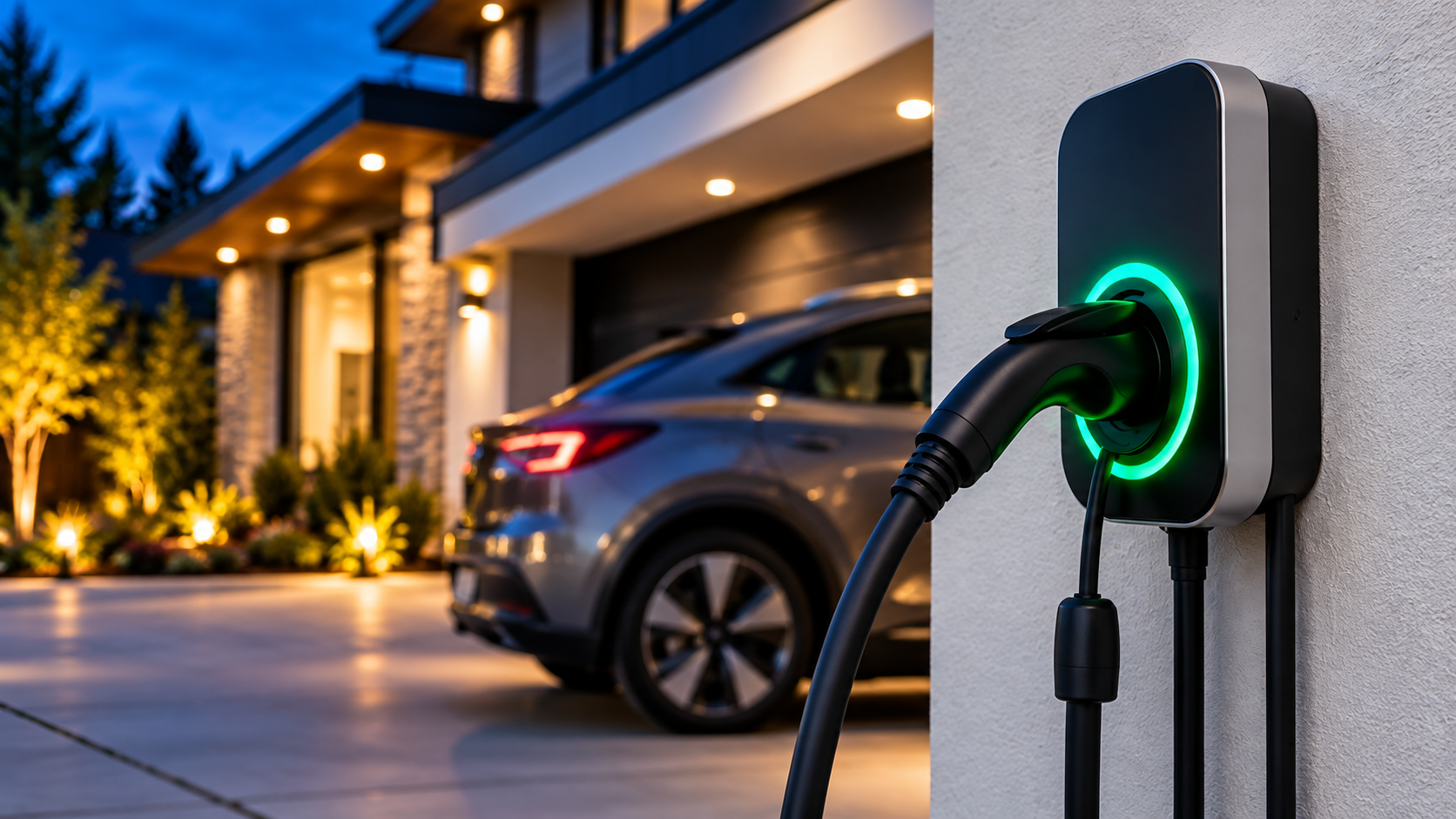 Residential Level 2 EV charging station mounted on an exterior garage wall, with an electric vehicle connected for home charging.