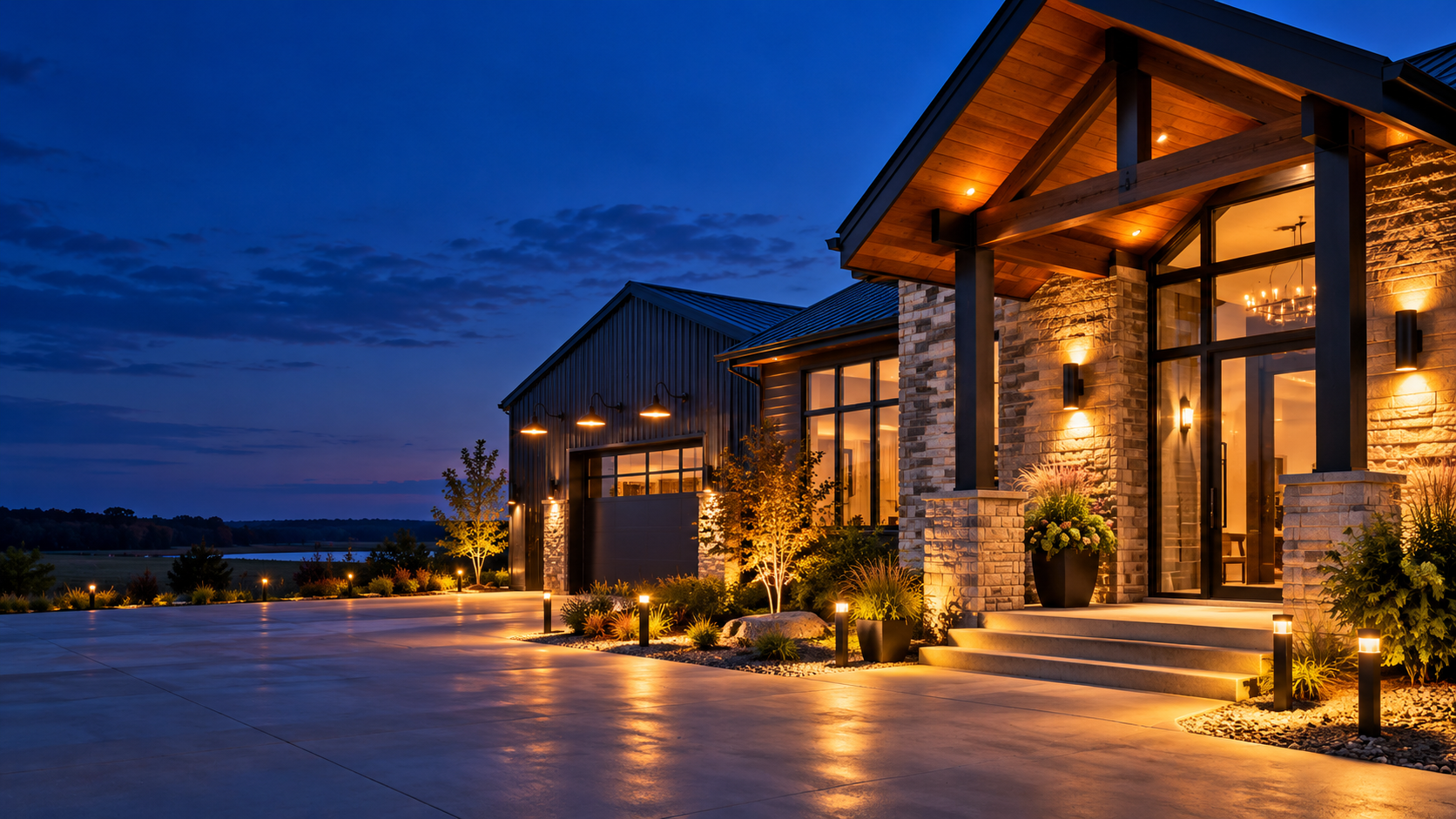 Modern residential home featuring illuminated exterior lighting, landscape lighting, and a covered entrance at dusk.