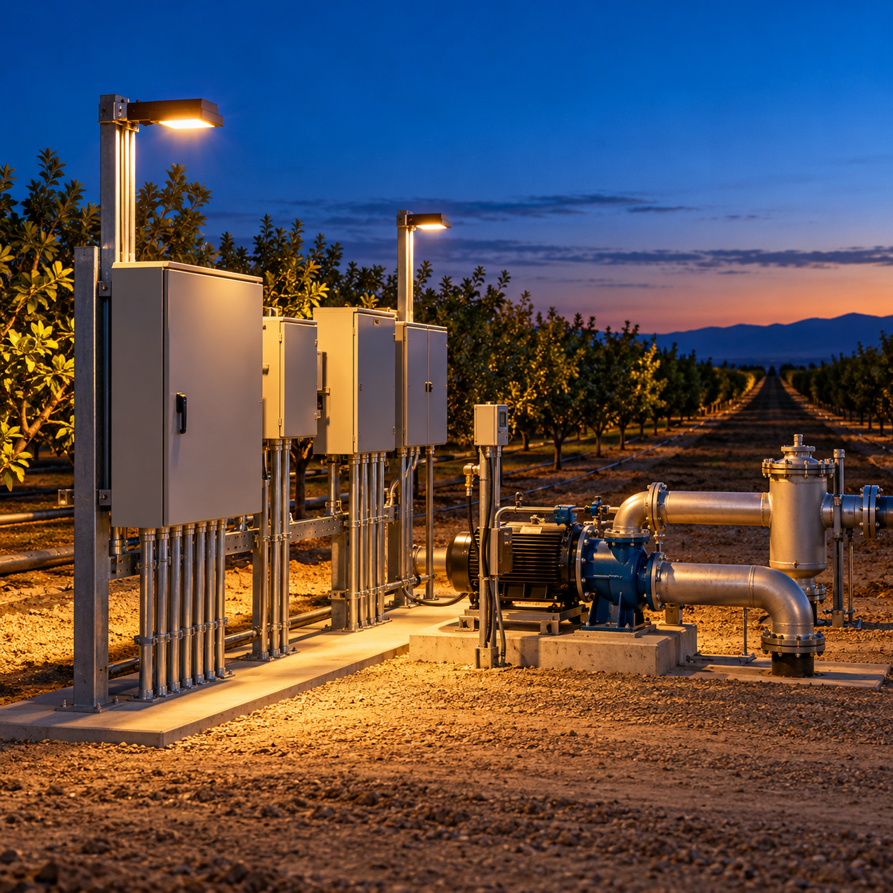 Agricultural irrigation system featuring electrical control panels, pumps, and associated equipment at an orchard during dusk.