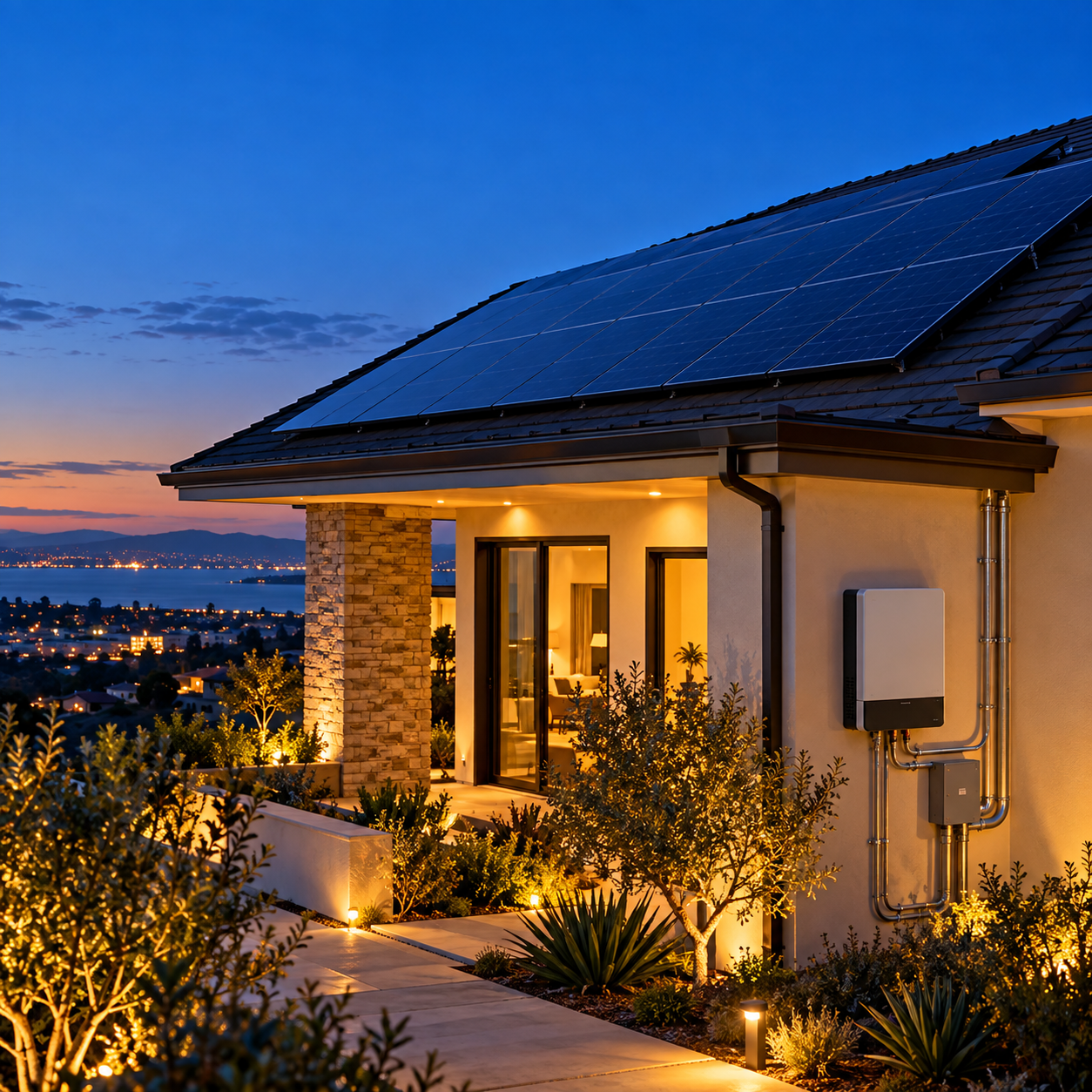 Modern residential home with rooftop solar panels, illuminated exterior lighting, and landscaped walkway at dusk.