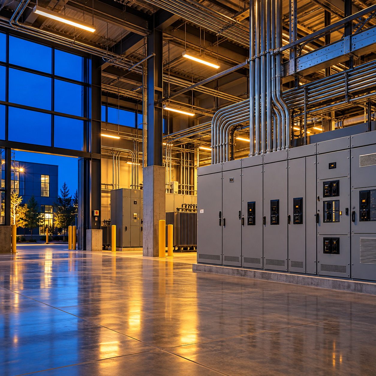 Industrial electrical distribution panels and conduit systems installed inside a large commercial facility with overhead lighting.