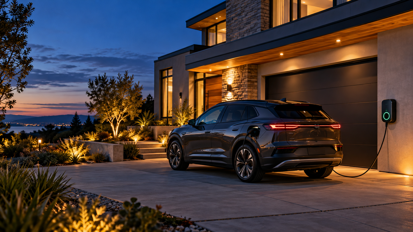 Electric SUV connected to a residential Level 2 EV charger mounted on the exterior garage wall of a modern home at dusk.