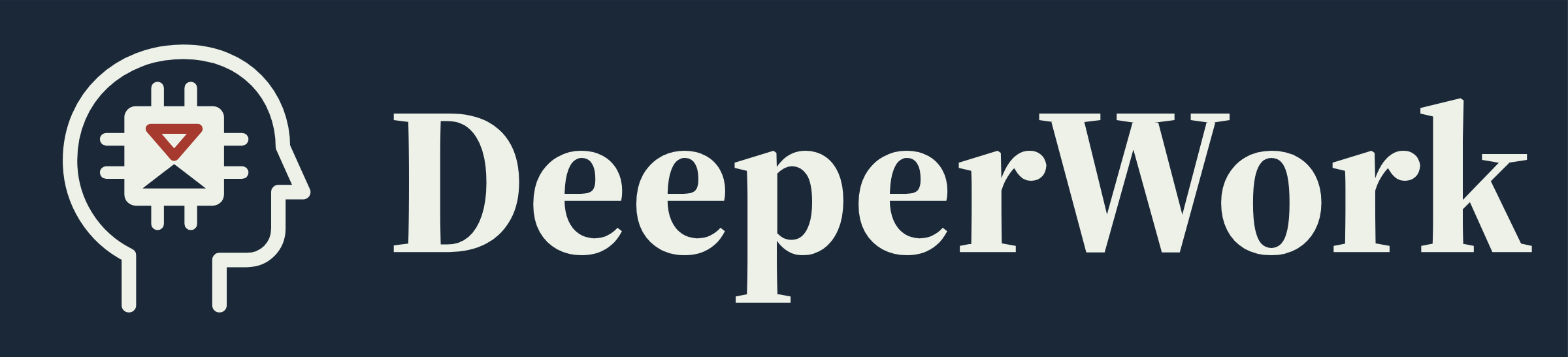 DeeperWork logo: a head with a microchip inside and an hourglass on the chip