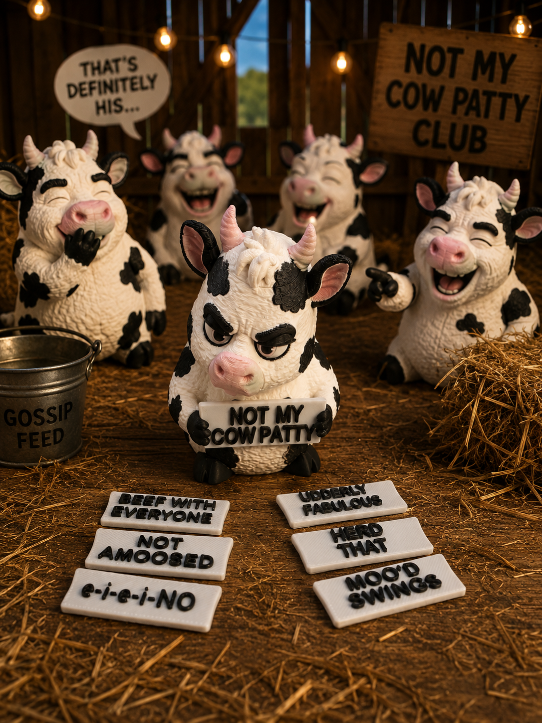 Collection of humorous farm animal sculptures at a barn-themed display, with signs and accessories labeled with playful phrases like "Not My Cow Patty", "Gossip Feed", and "Not My Cow Patty Club".