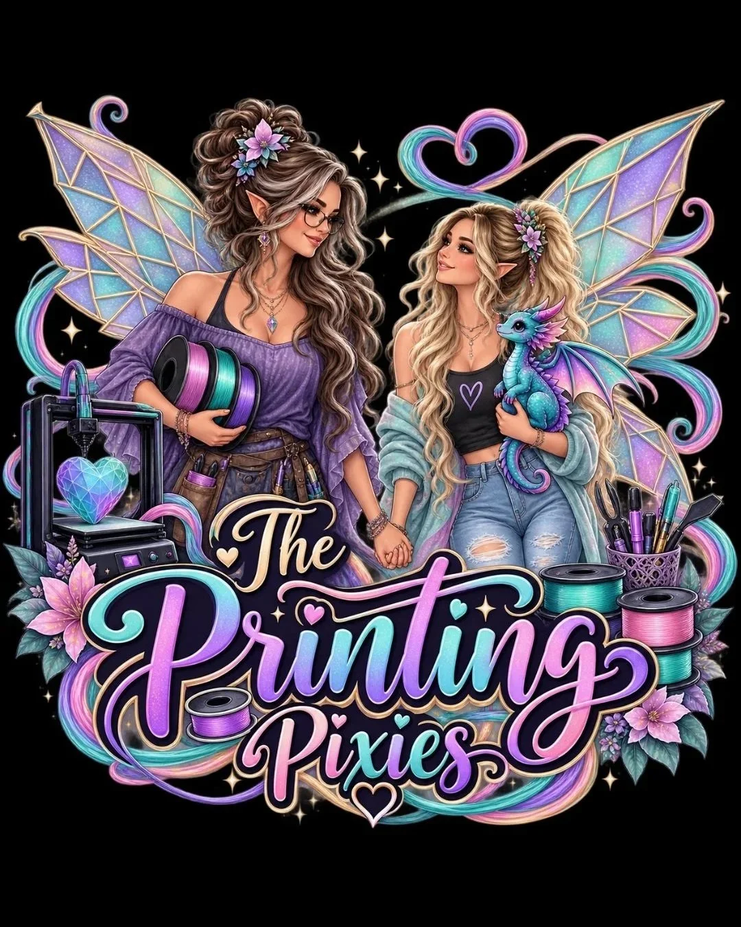 Digital illustration of two young women with fairy wings, one with glasses and gray hair holding spools of colorful thread, and the other with long blonde hair holding a small dragon, surrounded by sewing tools, flowers, and sparkling effects, with the text "The Printing Pixies" in colorful cursive.