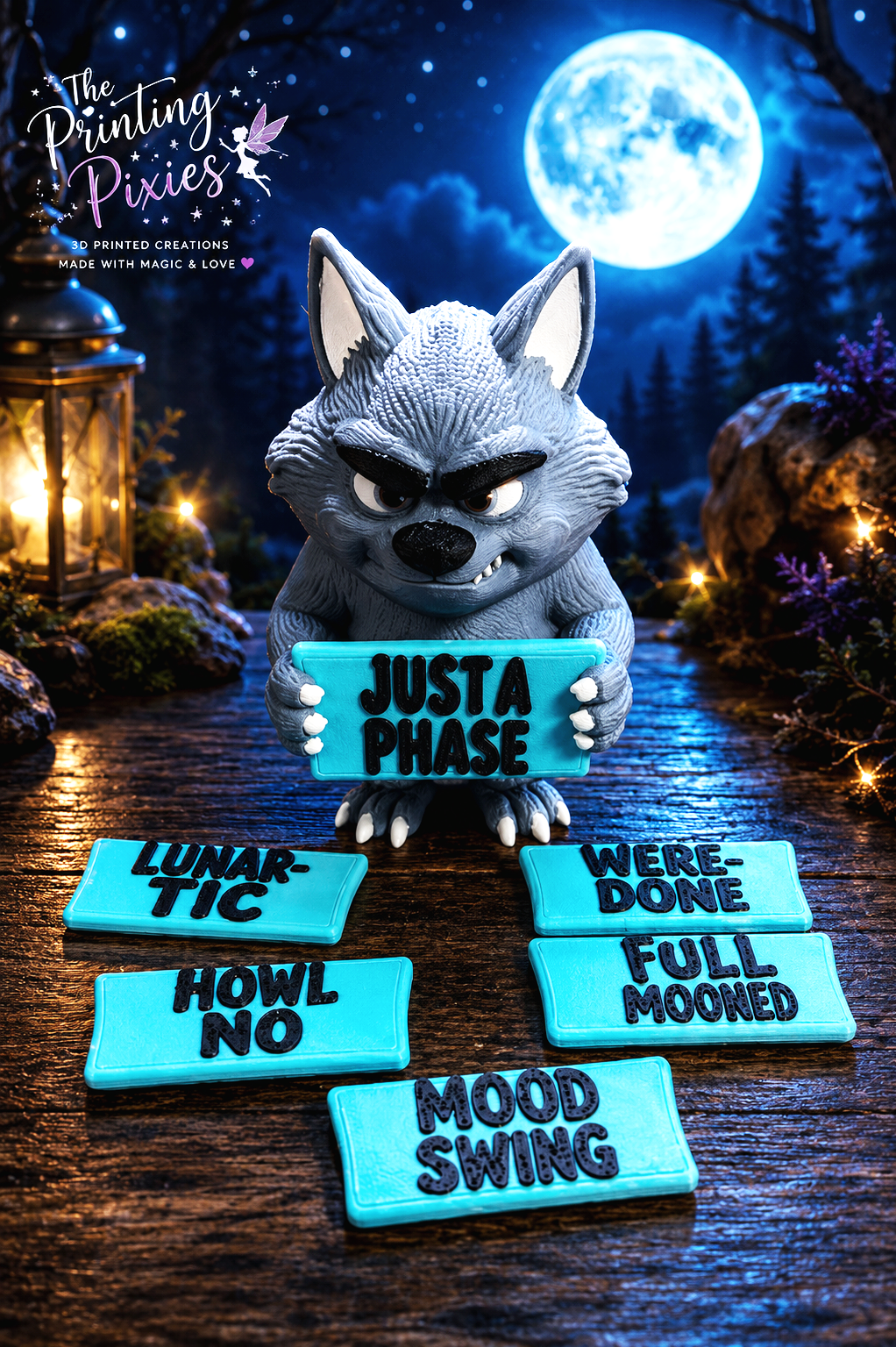 A playful wolf figurine holding a sign that reads "JUST A PHASE" in front of a moonlit outdoor scene with lanterns and flowers, with quiz cards on the table about moon phases and werewolves.