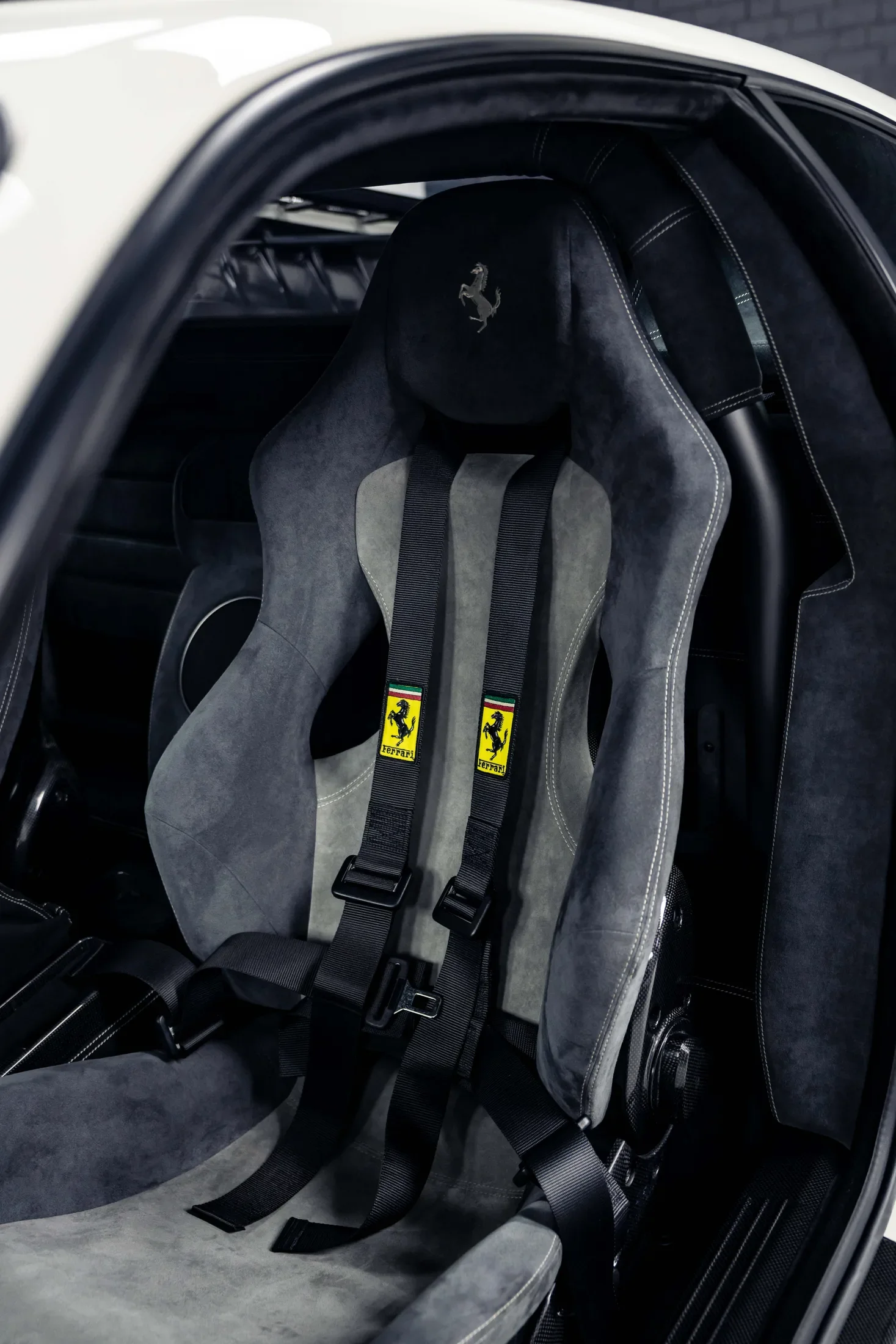 Ferrari 430 Scuderia in Bianco Avus — Black racing seat and harness — AKC Asset Management.