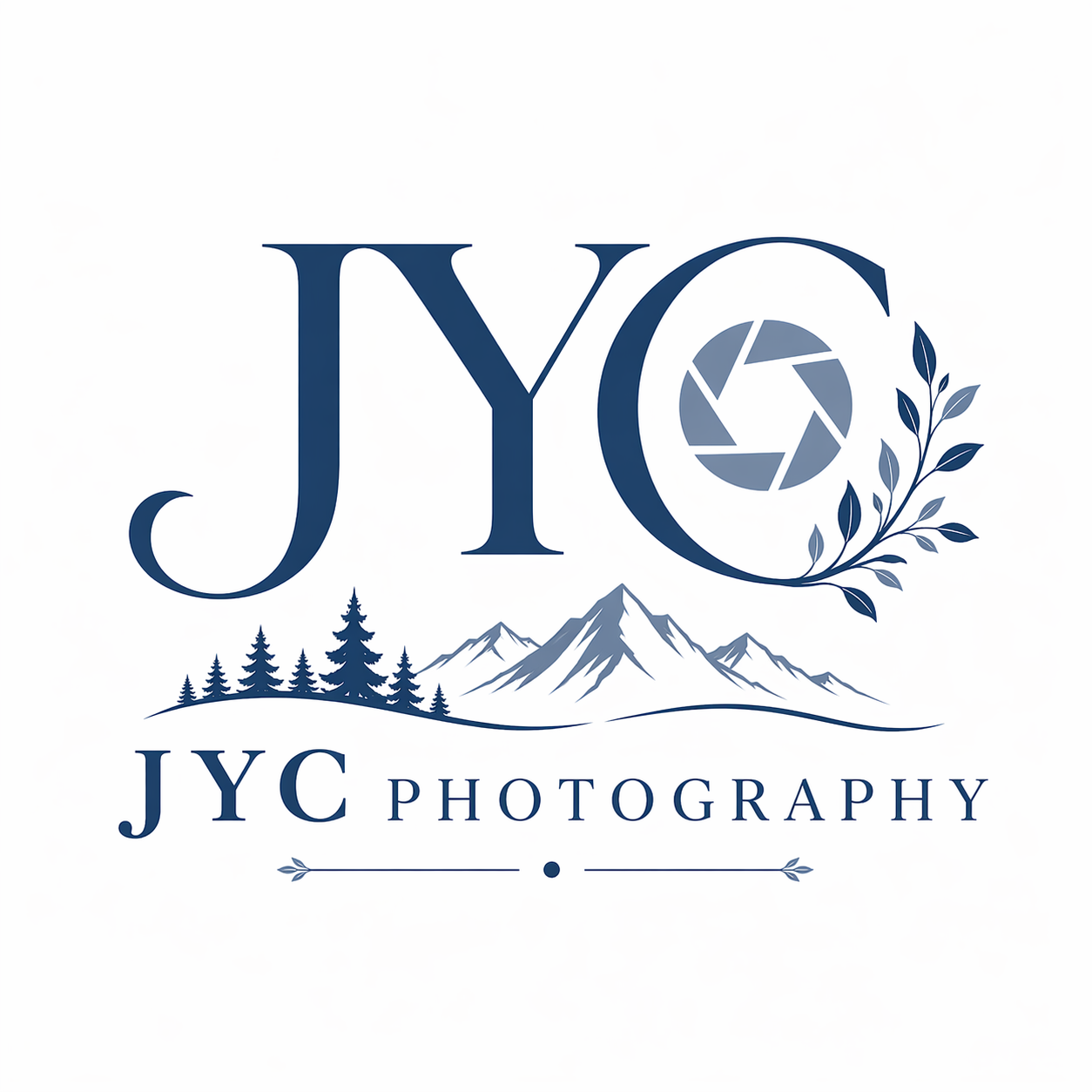 Logo for JYC Photography featuring stylized mountains, pine trees, and a camera shutter icon within the letter 'C', with decorative leaves and a horizontal line at the bottom.