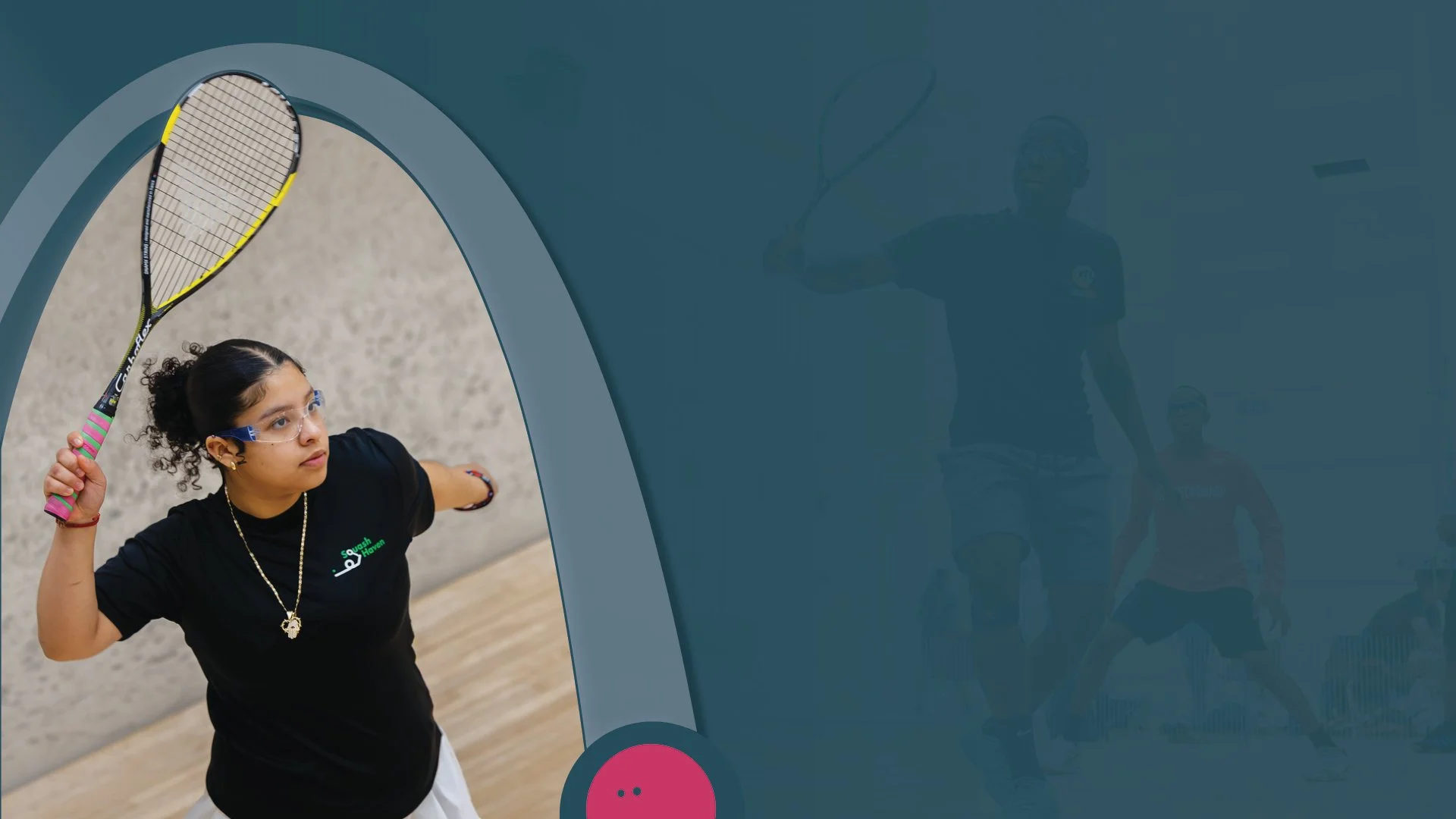 A young woman playing squash on an indoor court that is cropped to look like the St. Louis Arch. She is holding a squash racket above her head.