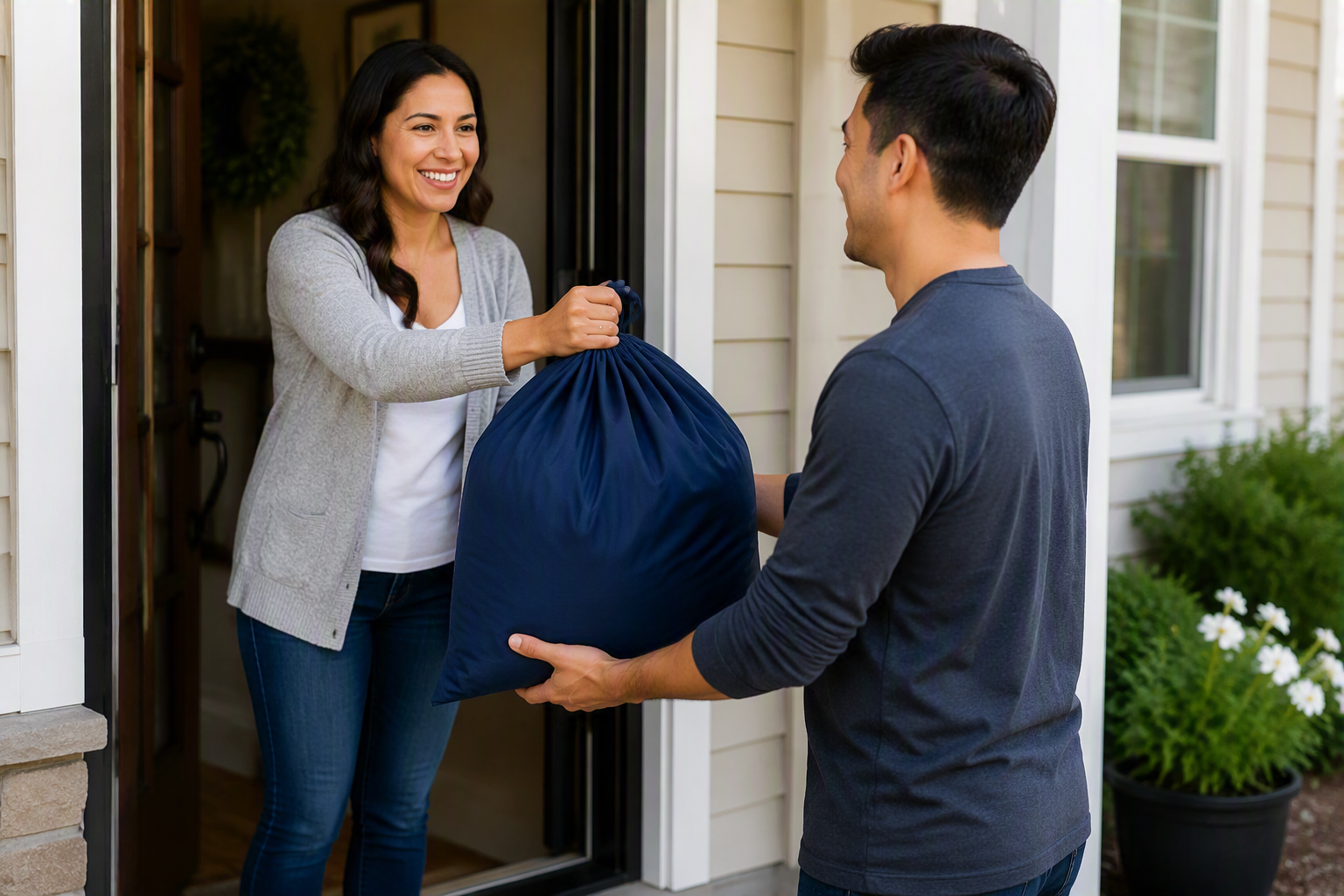 Customer using pickup and delivery laundry service with laundry collected from a residential home.