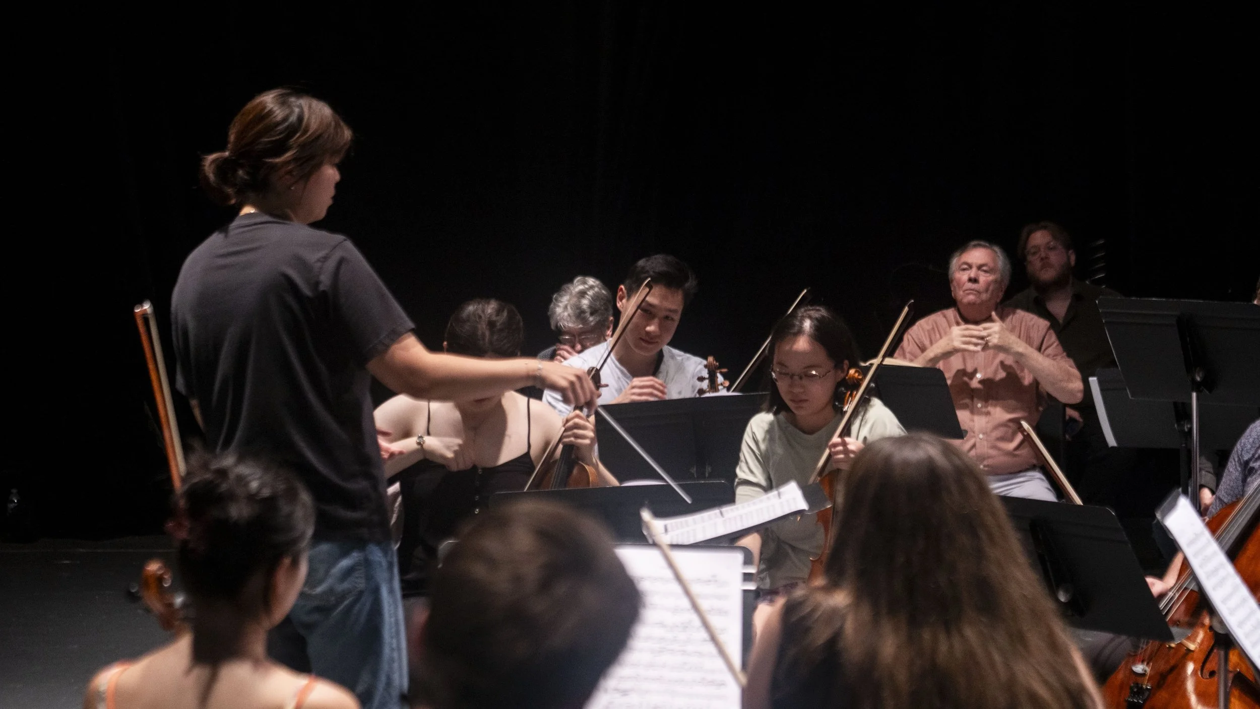 Orchestra rehearsal with musicians and conductor on stage.
