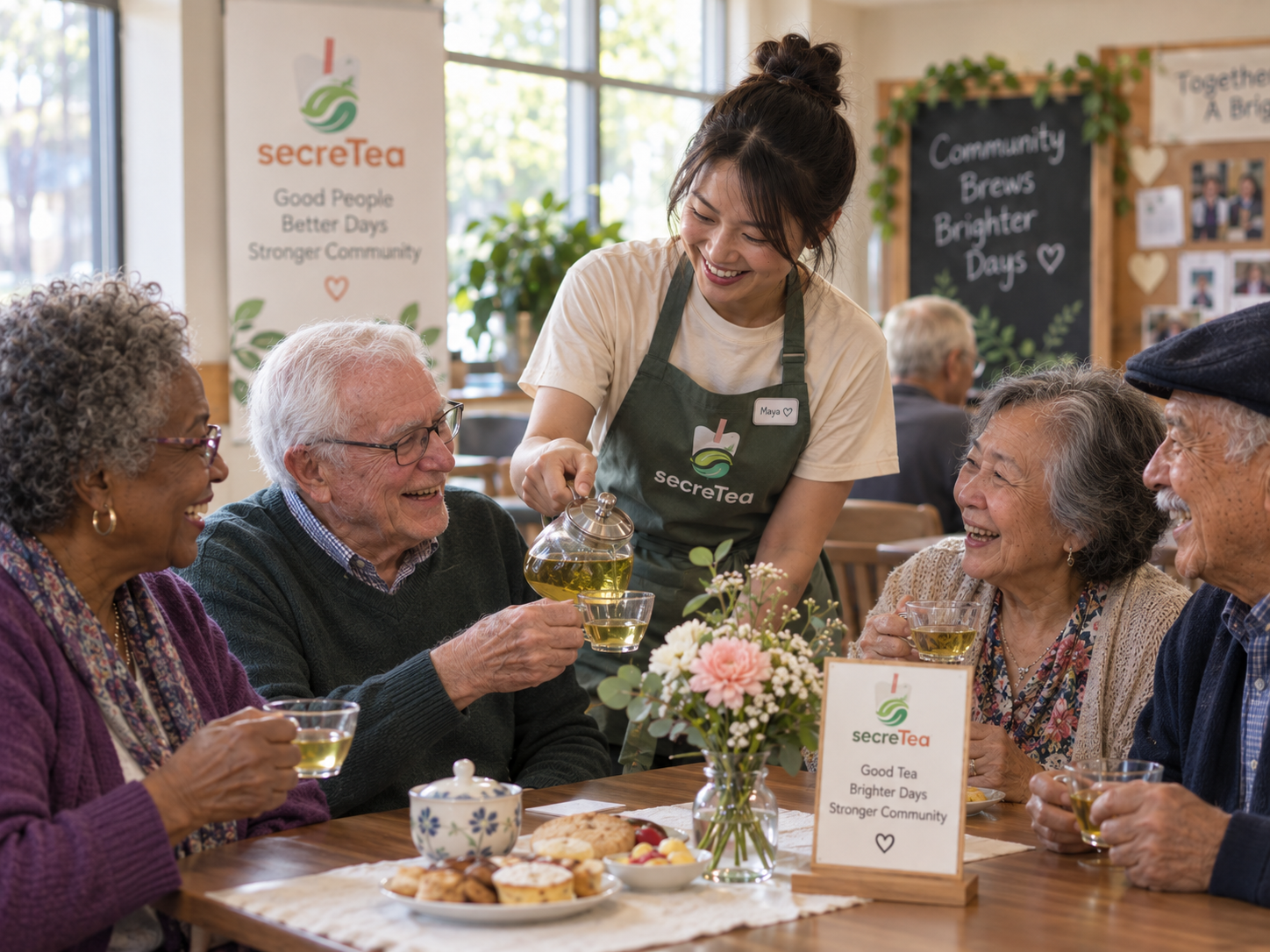 A group of elderly people enjoying tea and snacks at a community event, with a smiling young woman pouring tea, in a bright room with banners and a chalkboard with a message in the background.