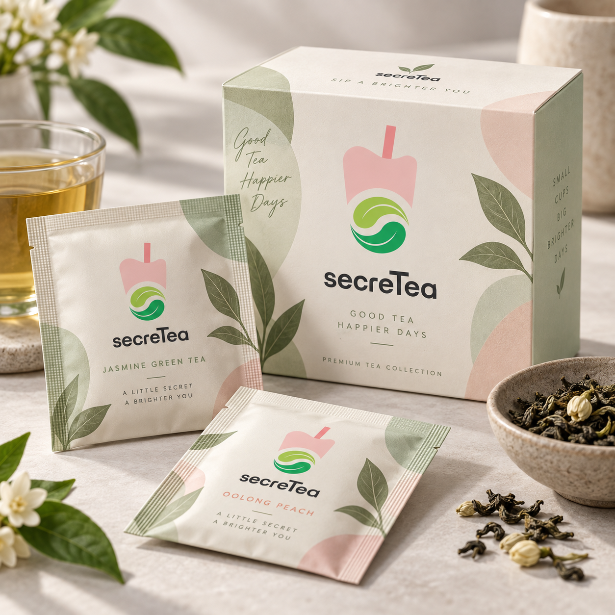 Box of secretTea with jasmine green tea and oolong peach tea sachets, a glass of tea, and a bowl of loose tea leaves, on a light surface with plants and flowers in the background.
