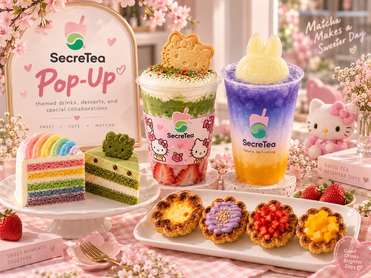 Colorful desserts and drinks on a pink checkered table with cherry blossoms, including a rainbow cake slice, a green Hello Kitty cake, two fruity tarts, two layered frappuccinos with Hello Kitty-themed cups, and a strawberry. There is also a small plush Hello Kitty toy, a sign reading 'SecreTea Pop-Up,' and decorative pink flowers and strawberries.