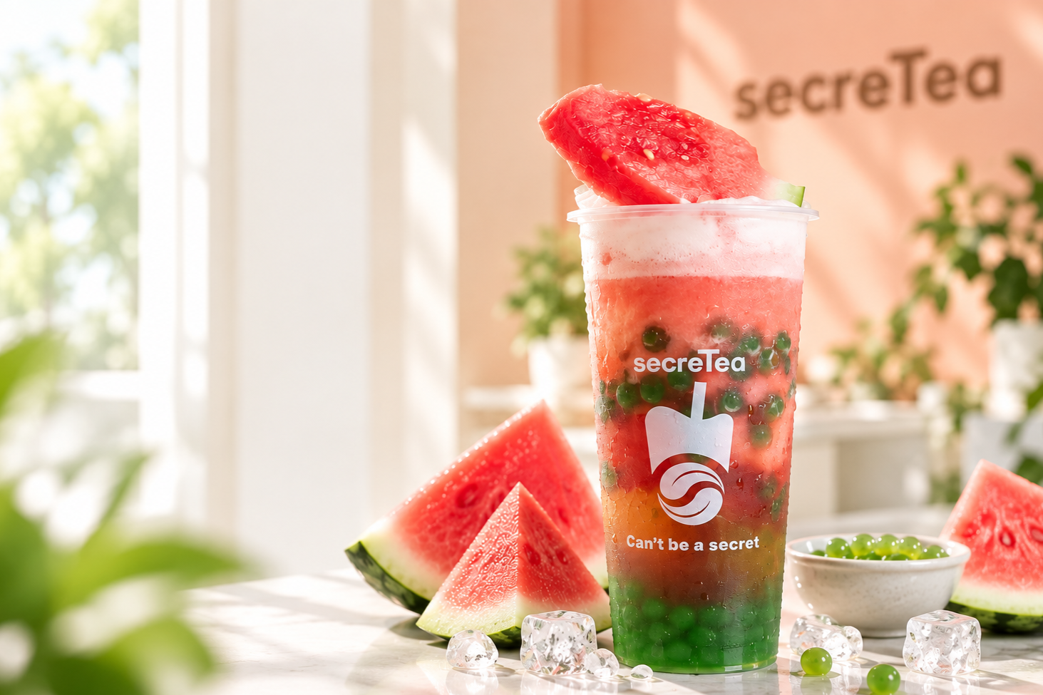 A clear cup filled with a colorful layered drink containing watermelon pieces, green tapioca pearls, and a watermelon slice garnish, with additional watermelon slices nearby and a bowl of green tapioca pearls on a white surface.