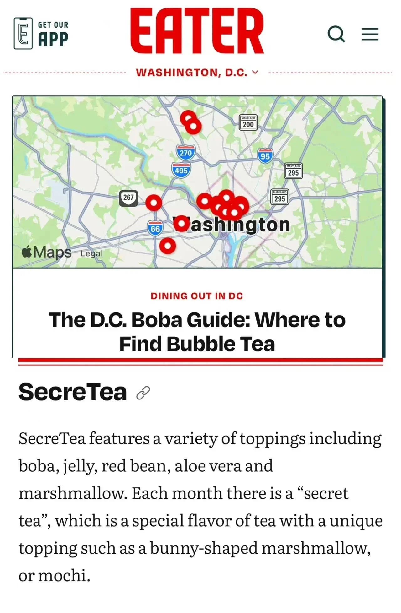 Map of Washington, D.C. with location markers and a headline about the best places to find bubble tea in D.C.