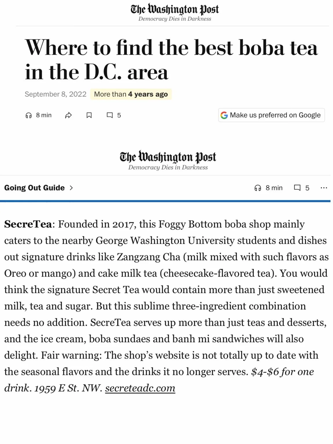 Screenshot of a Washington Post article titled "Where to find the best boba tea in the D.C. area," published on September 8, 2022. The article discusses SecretTea, a boba shop near George Washington University that offers various flavored milk teas and desserts.