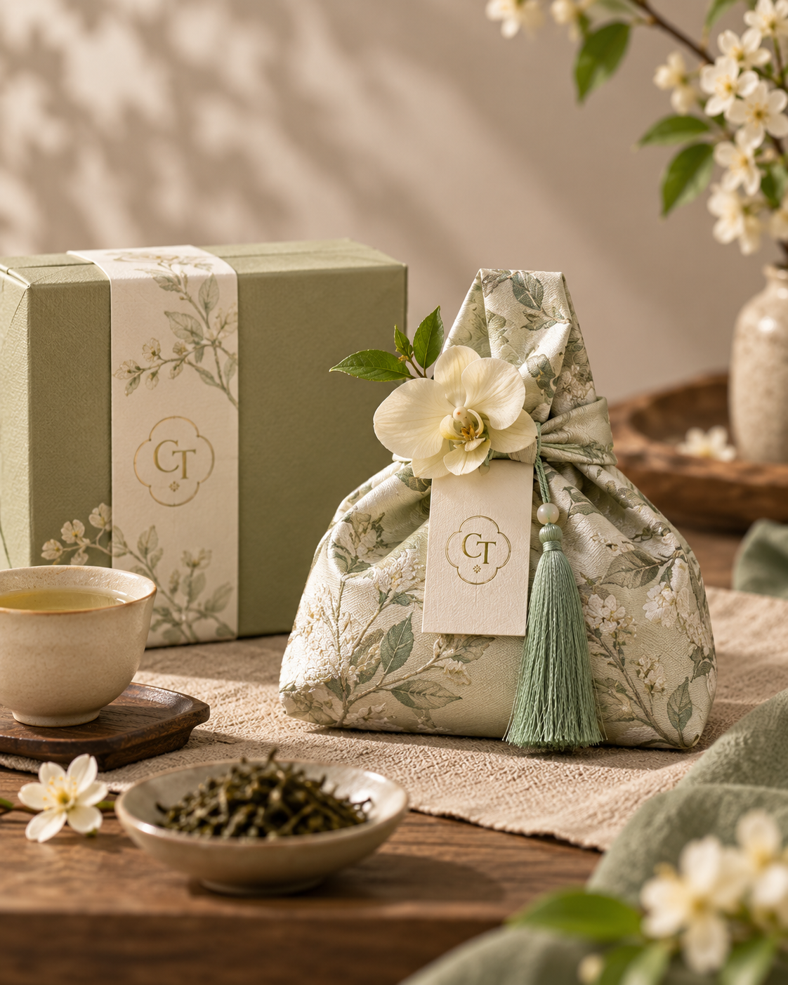 A decorative fabric gift bag with a floral pattern, adorned with a white orchid flower, a green tassel, and a tag with the initials 'CT'. A box with matching floral design and an initialed wrap are in the background. Nearby, a cup of tea, a dish of tea leaves, and white flowers are on a table.