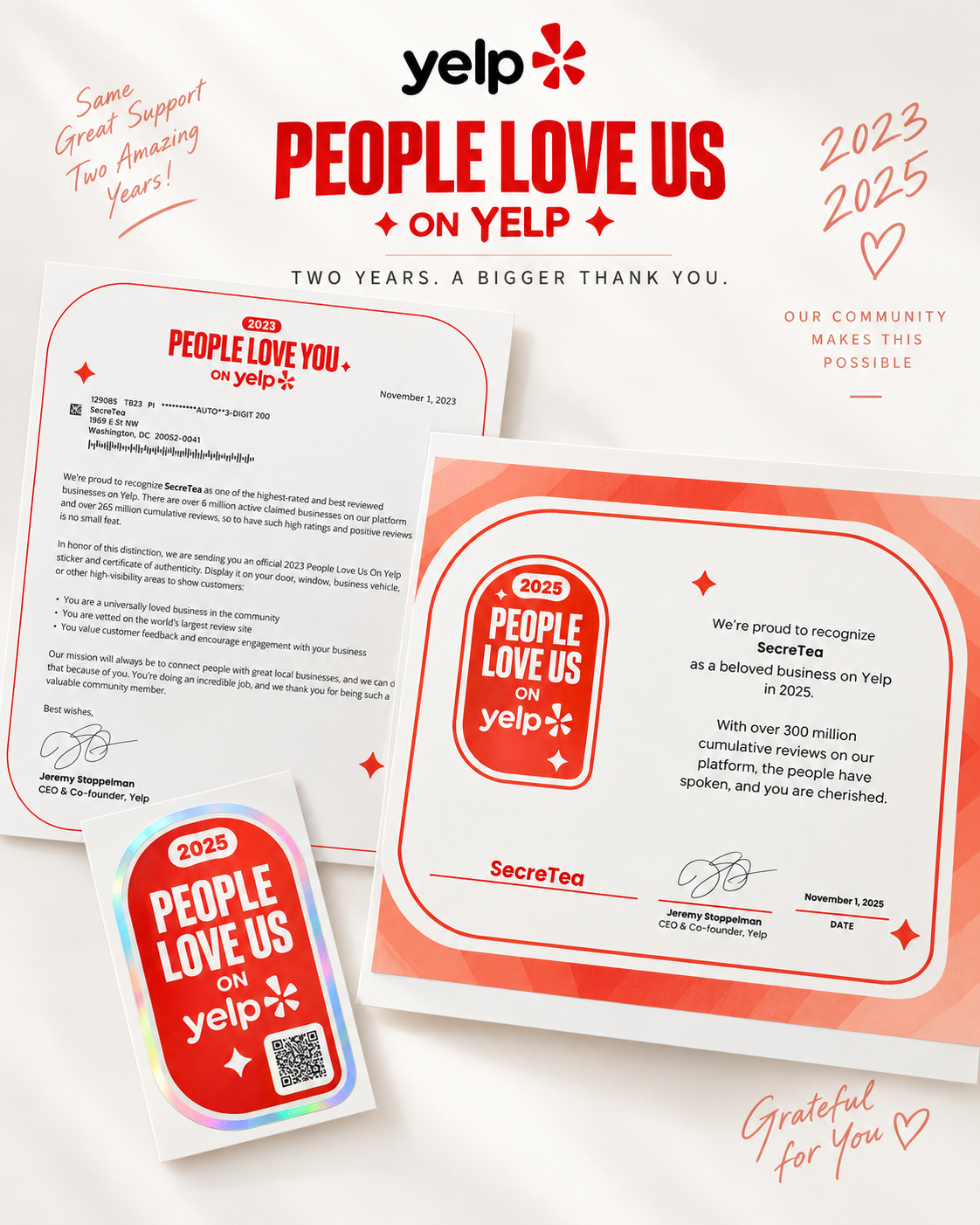 Celebratory display of Yelp recognition certificates and stickers for SecreTea, including messages of appreciation and milestones celebrated in 2023 and 2025.
