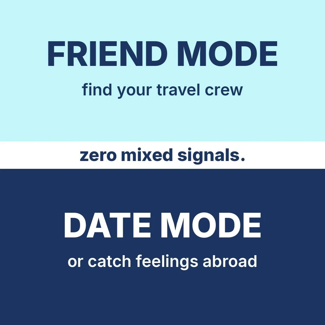 Friend mode or date mode? On Jetlagg you never have to guess. Say what you&rsquo;re looking for upfront and match with people who want the same thing. Zero mixed signals. Join the waitlist &mdash; link in bio. ✈️
#traveldating #datingapp #solotravel 