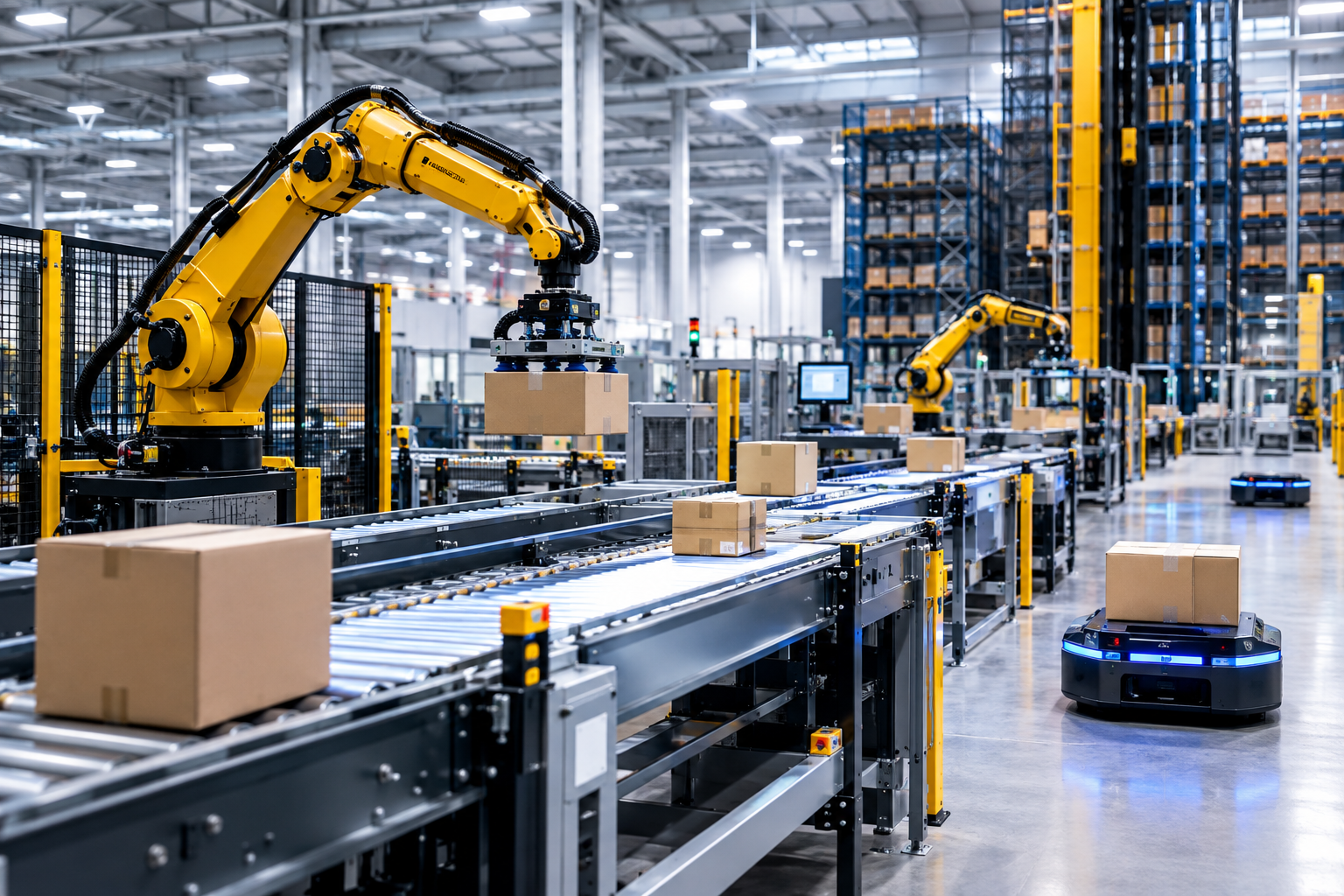 Robotic arms on an assembly line handling cardboard boxes in a modern warehouse.