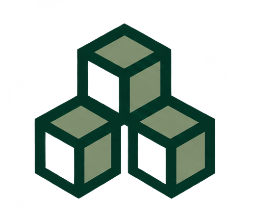 Three 3D cubes stacked in a triangular formation, each with gray faces and dark green outlines.