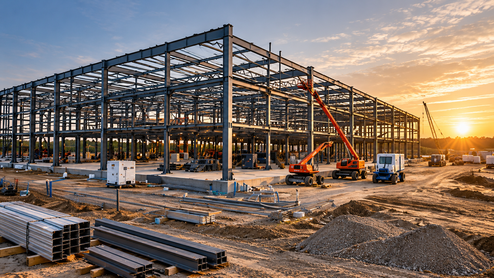 Construction site with a steel frame building under construction during sunset, construction equipment including a cherry picker and cranes, and building materials on the ground.