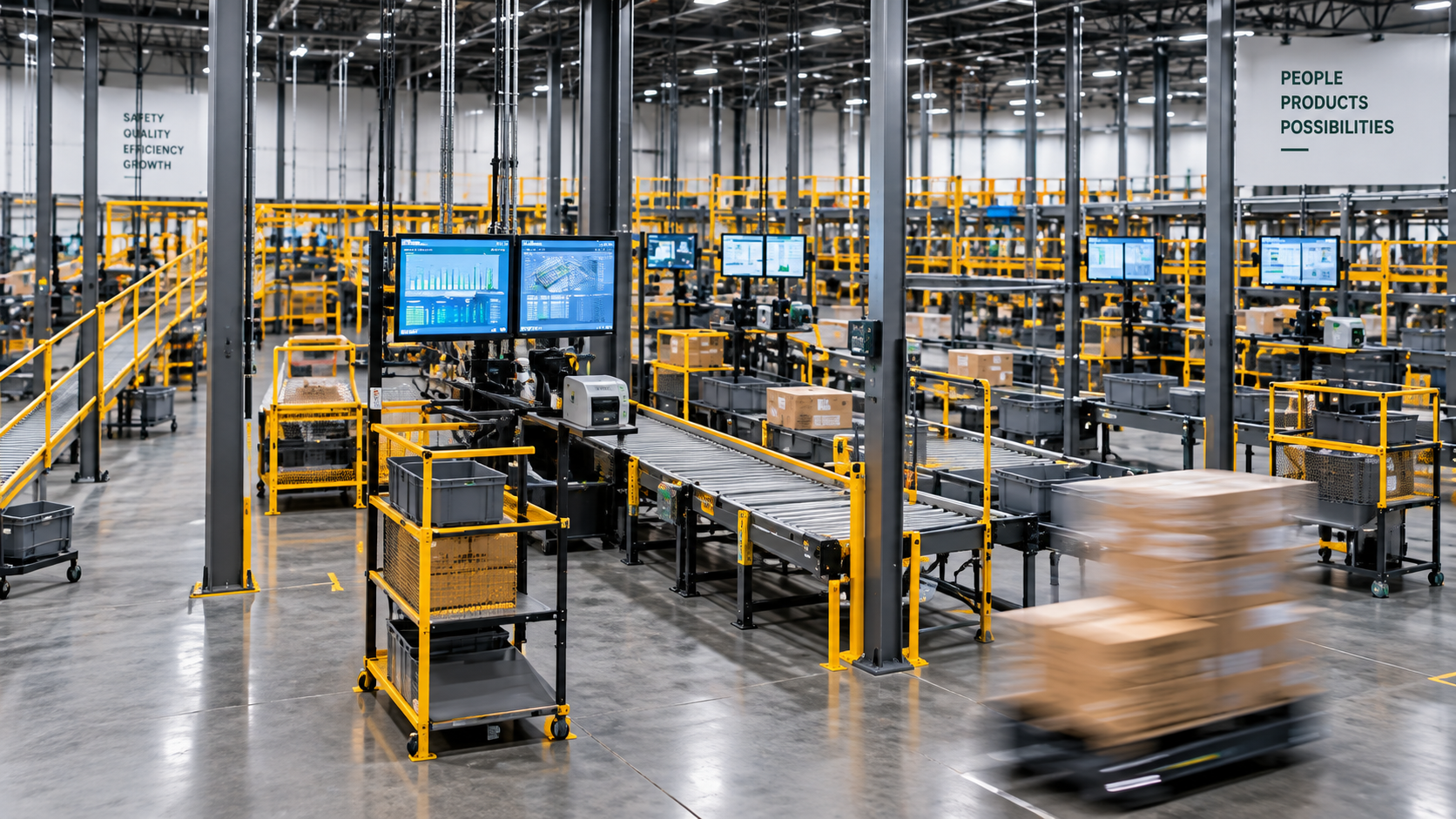 Inside a modern warehouse or distribution center with conveyor belts, computer screens displaying data, and boxes ready for shipment, illuminated with bright overhead lighting.