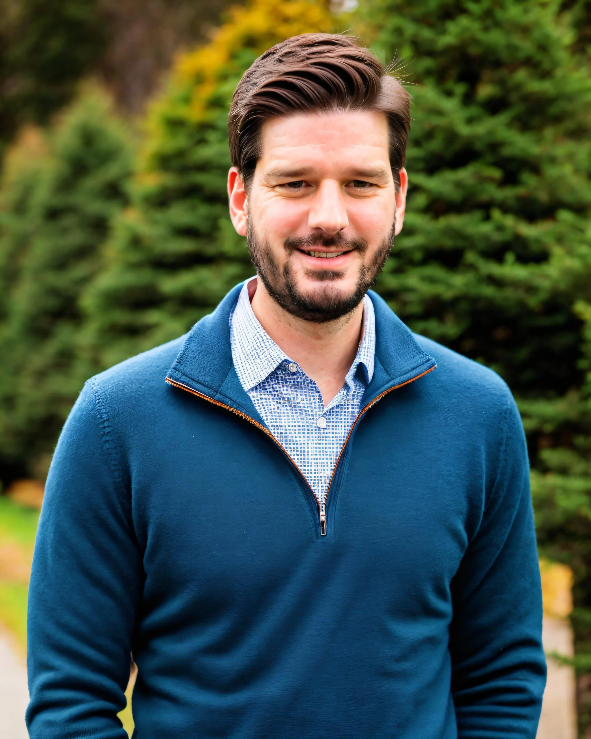 A man outdoors wearing a blue jacket and a collared shirt, smiling with trees in the background.