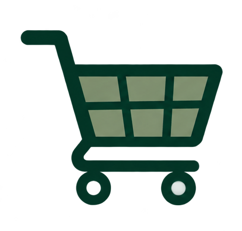 A digital illustration of a green shopping cart with six empty baskets inside, seen from the side.