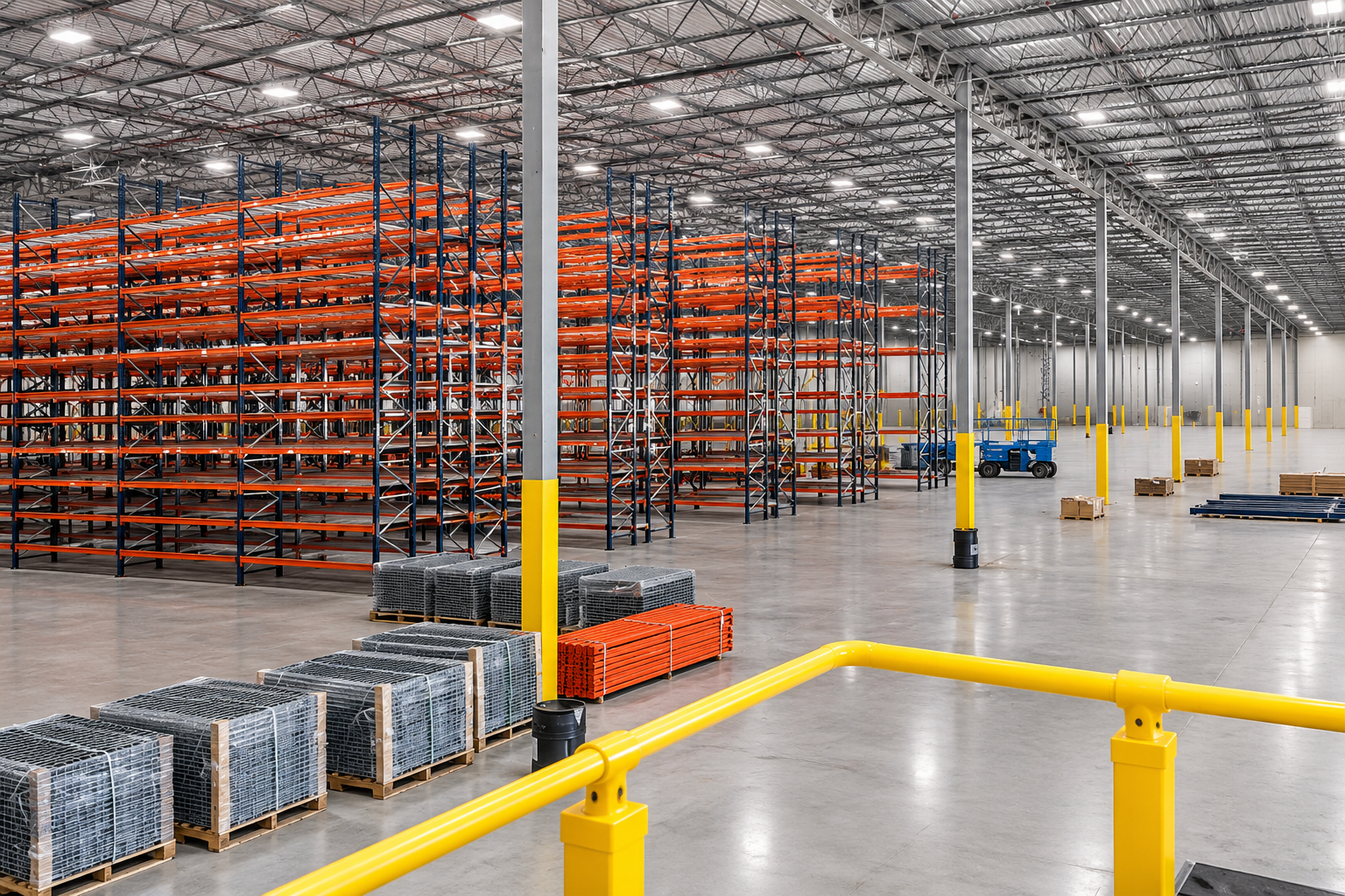 Empty warehouse interior with high metal shelving units, yellow safety barriers, pallets, and a scissor lift.