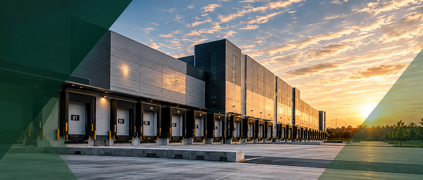 Empty warehouse loading bays at sunrise with a modern building and a partly cloudy sky.
