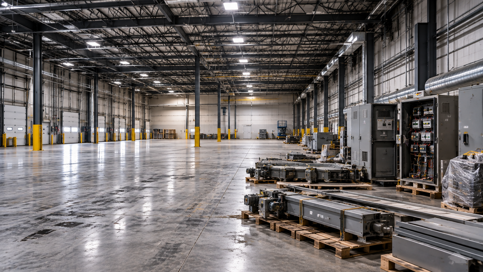 Empty warehouse with open bays, machinery and pallets along one wall, polished concrete floor and high ceiling with overhead lighting.