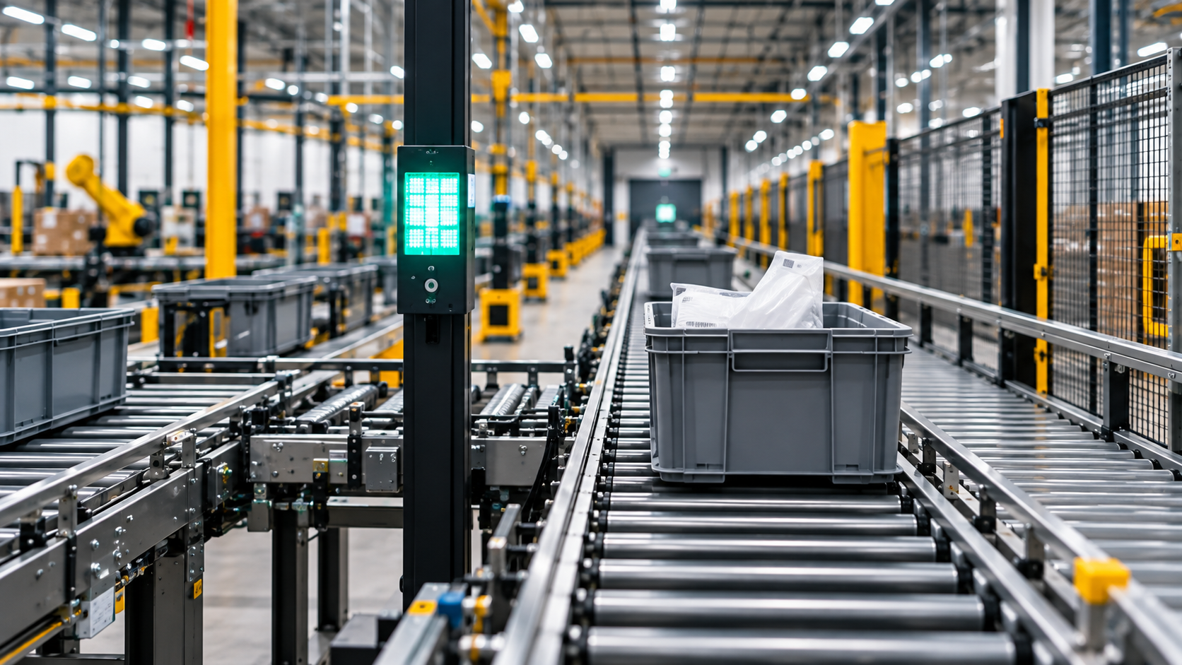 A warehouse with a conveyor system and a gray recycling bin containing packaging materials on the conveyor belt.