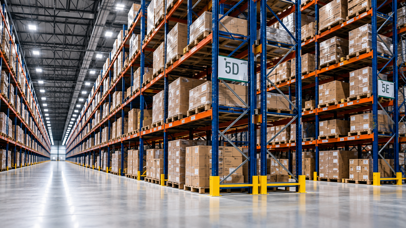 A spacious warehouse with tall shelves filled with neatly stacked boxes on pallets, labeled sections 5D and 5E visible.