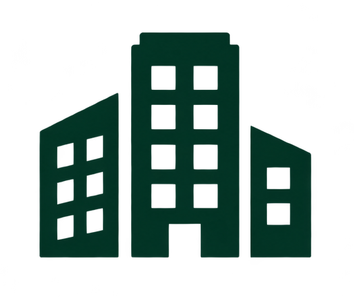 Simplified black outline drawing of three multi-story buildings with windows.