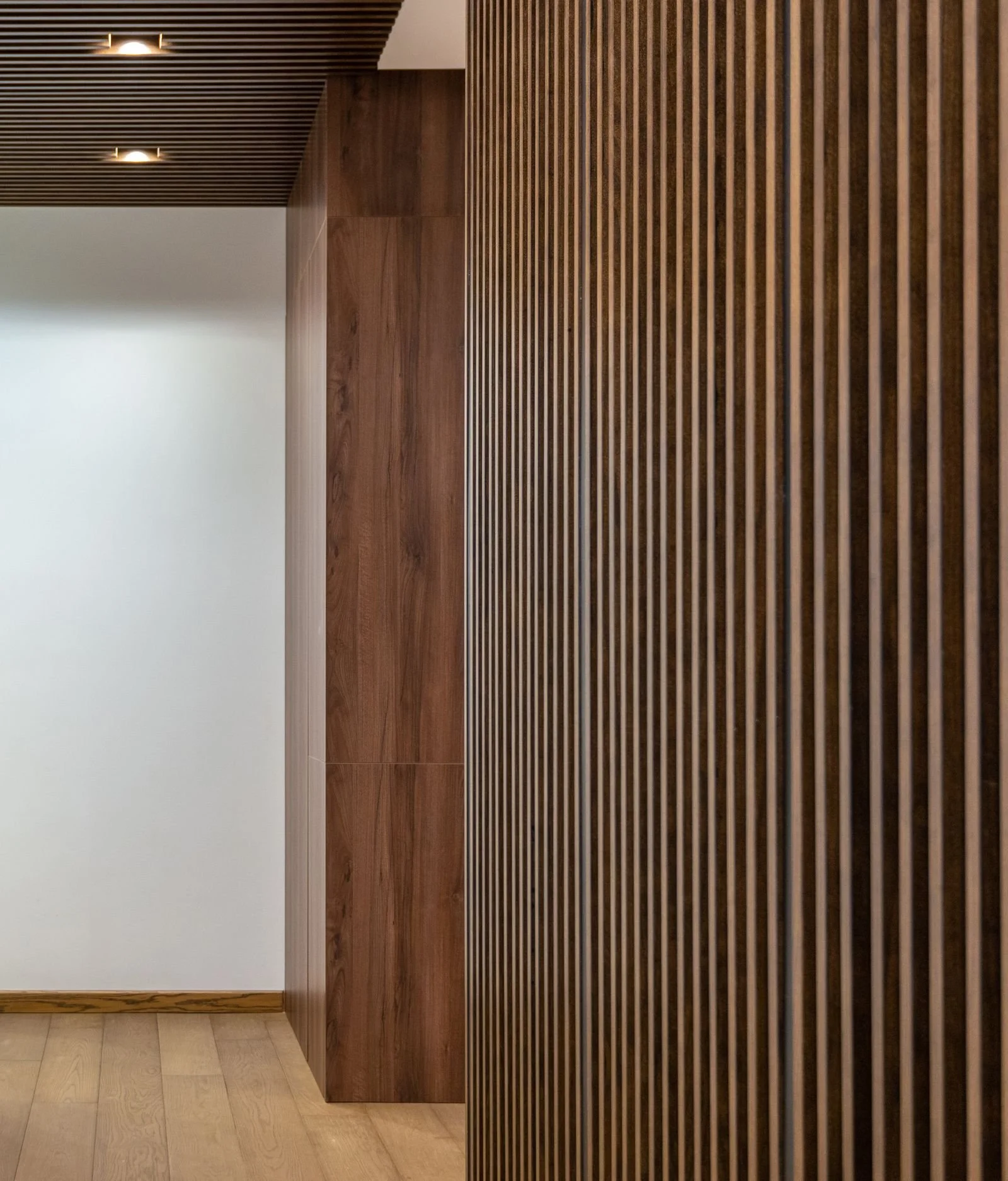 A contemporary apartment passage with warm timber panels and repeated vertical lines.