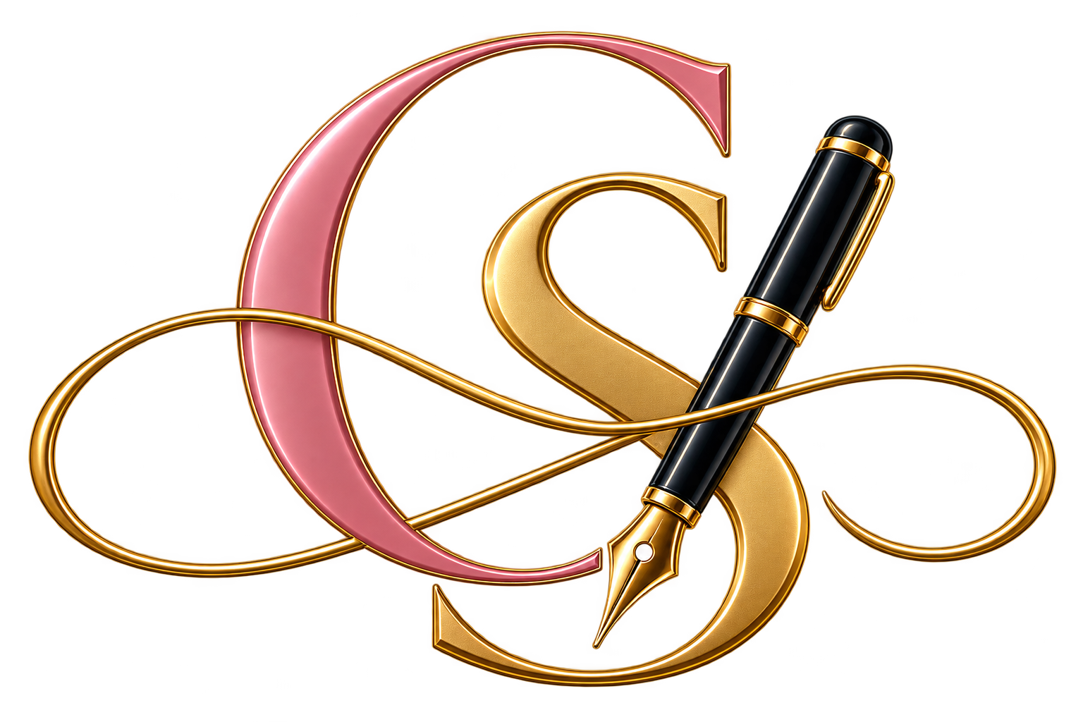 Decorative image with large pink and gold letter C, gold letter S, and a black fountain pen with gold accents intertwined with gold lines.
