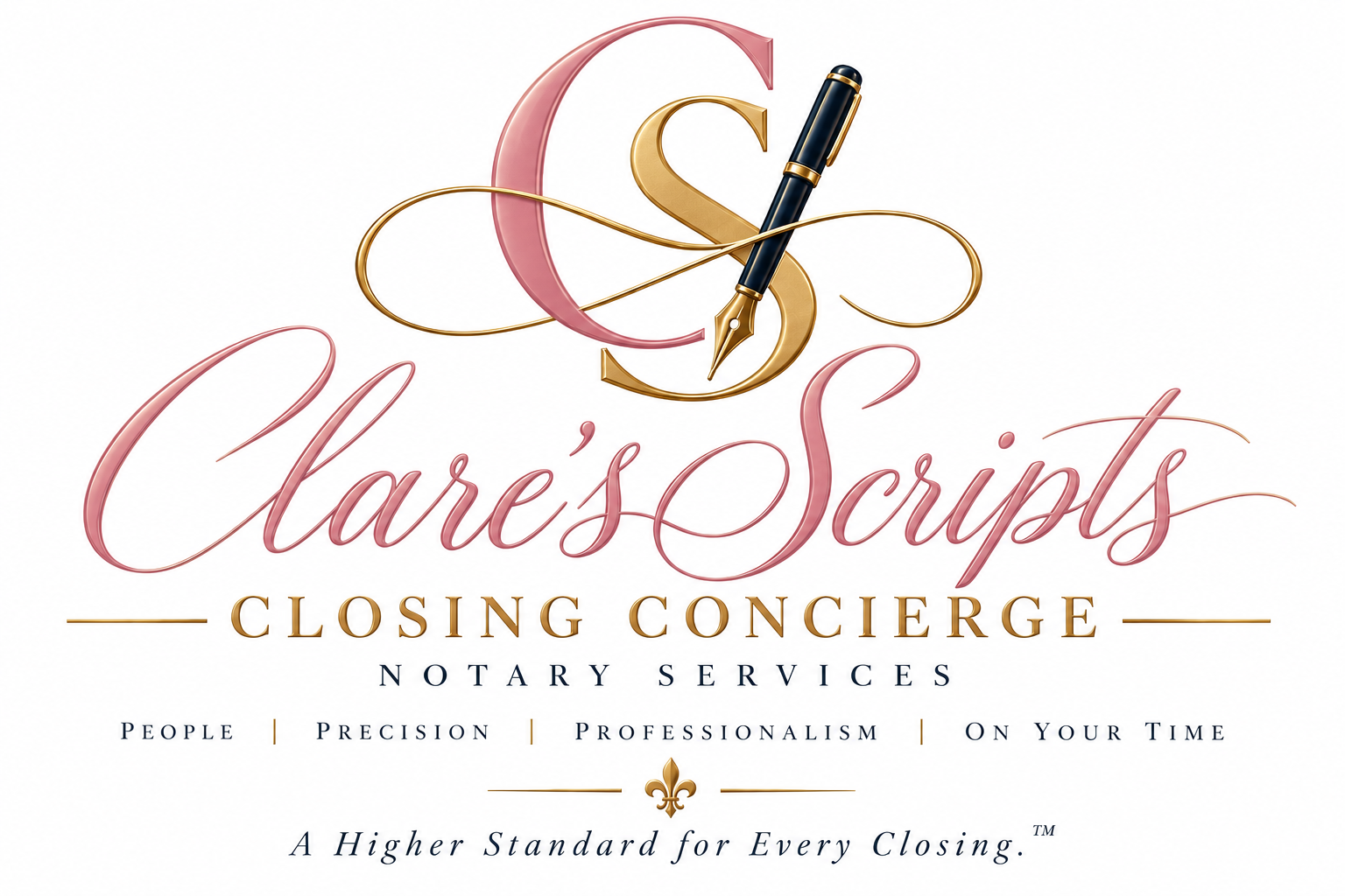Logo for Clare's Scrups Closing Concierge Notary Services featuring stylized pink and gold initials 'C' and 'S' with a black and gold fountain pen, pink cursive text, and a tagline emphasizing professionalism and precision.