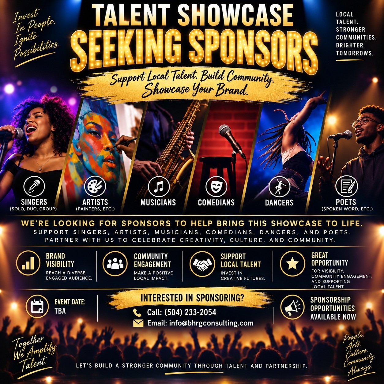 Sponsors wanted: Help us put local talent in the Spotlight!

Your sponsorship helps create opportunities for talented individuals to be seen, heard, and celebrated while giving brand meaningful visibility and community engagement.

Register here: htt