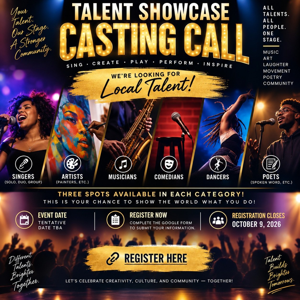 Calling All Local Talent!

We're casting for our Talent Showcase and we are looking for talented creatives ready to step into the spotlight.

Register here: https://forms.gle/n1xrwFvwsezzPr8d8

Tag someone wo belongs on this stage and share this post