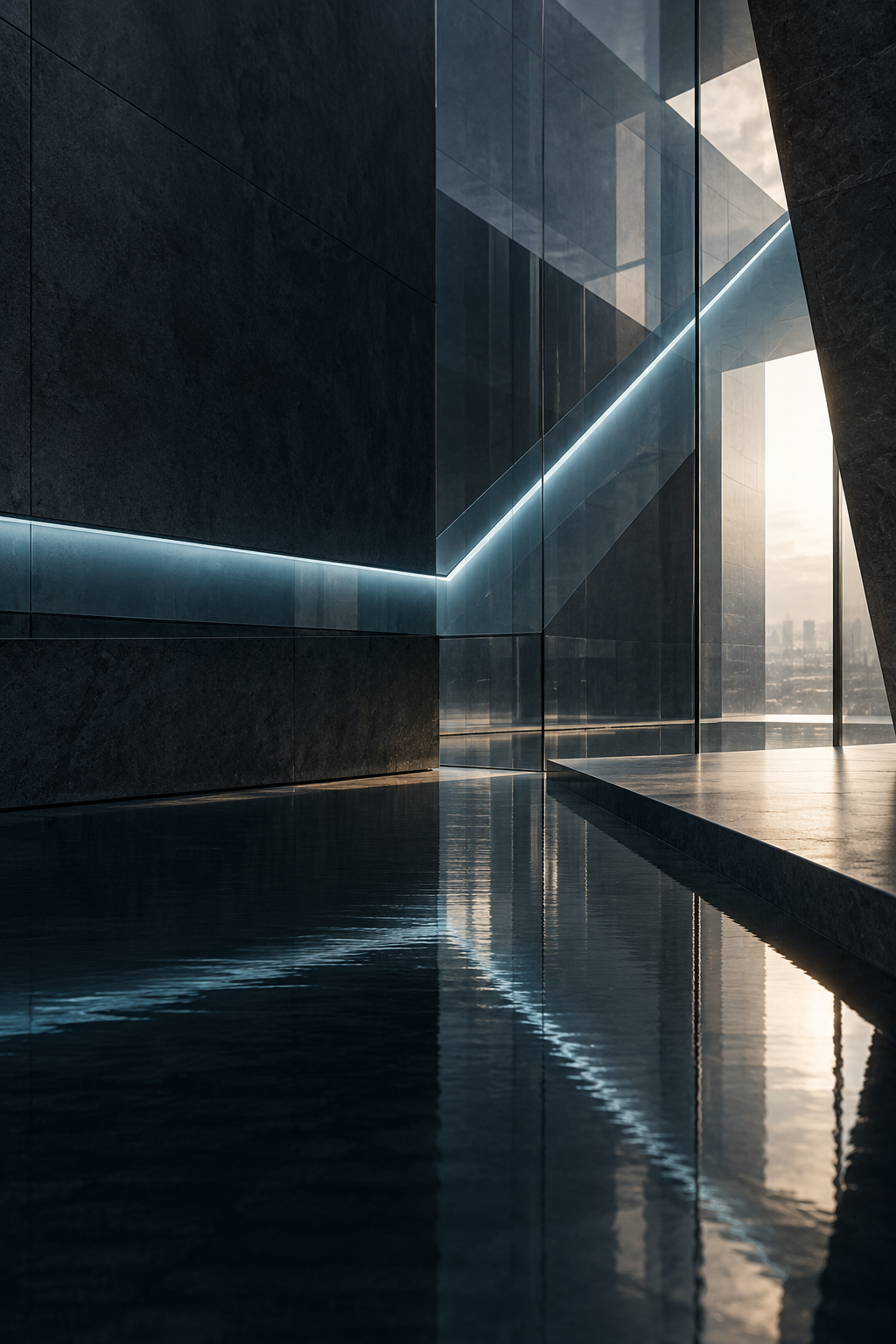 Abstract architectural interior with a deliberate mineral-blue change-of-course line.